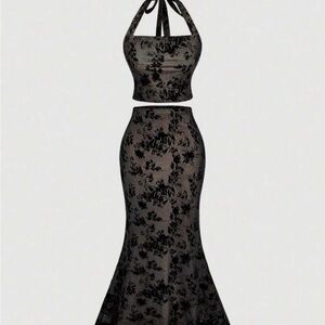 2 Piece Black Floral Halter Top and Skirt Set